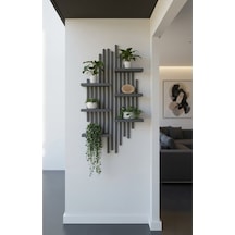 Ahşap Dekoratif Duvar Rafı - 120x60 Cm Modern Çıtalı Çiçeklik - Antrasit Gümüş
