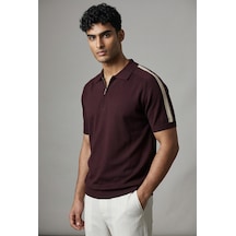 Jeus Erkek Yakalı Fermuarlı Triko Bordo Tshirt