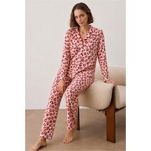 Fit Women Kadın Gömlek Yakalı Uzun Kollu Kırmızı Pijama Seti
