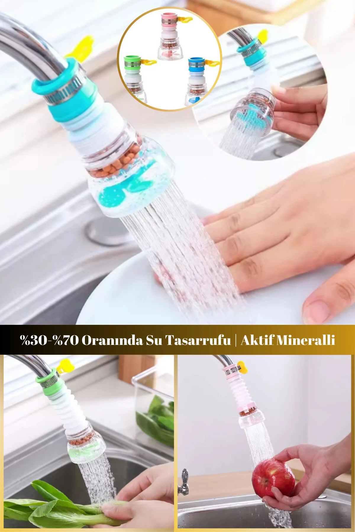 Oynar Başlıklı %70 Su Tasarrufu Ayarlanabilir Hortumlu Aktif Mineral Taşlı Musluk Başlığı 1