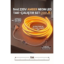 5 Metre Amber 220v Neon Led Şerit - Tak Çalıştır Set - Fişli Esnek Şerit Led,kerhribar ,turuncu Led,mutfak,tezgah Ledi Amber Renk