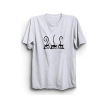Kediler Ve Kuyruklar Baskılı Tshirt Beyaz
