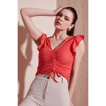 Lela Büzgü Detaylı Kolları Fırfırlı Dar Kesim Crop Bayan Bluz 5865015 Nar Çiçeği