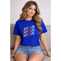Herkesemoda Amour Baskı Detaylı Basic T-shirt Mavi