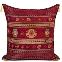 Kilim Desen 70cmx70cm Şönil Kumaş Püsküllü Minder Kılıfı No9