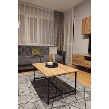Ahşap Orta Sehpa 60x90 Modern Metal Ayak Siyah Tam Çerçeve Çam Desen Salon Ofis Balkon Sehpası - Cape