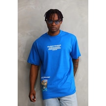 Erkek Bisiklet Yaka Baskılı Oversize T-shirt - Mavi Mavi