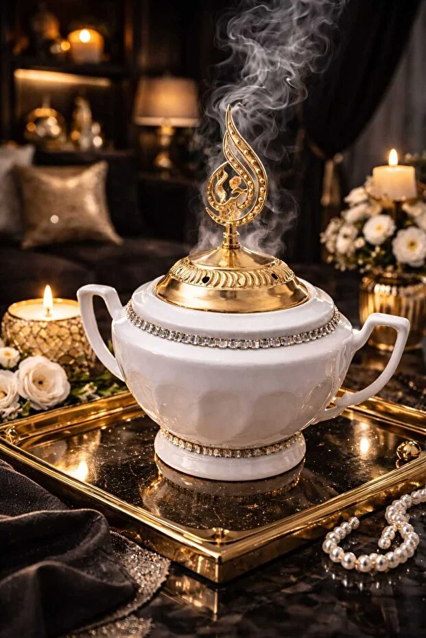 Banum Luxury Lux Porselan Taş Desenli Altin Renkli Çelik Kapakli Tütsülük