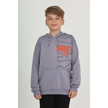 Toontoy Kids Toontoy Erkek Çocuk Oversize Kapüşonlu Cepli Düşük Omuz Baskılı Sweatshirt - 2 İplik Koyu Gri
