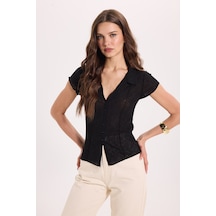 Tudors Kadın Slim Fit Dar Kesim Kısa Kollu Gömlek Yaka Siyah Gömlek-51290