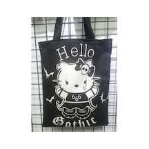 Owl Bag Hello Gotik Desenli Tasarım Kumaş Omuz Çantası siyah
