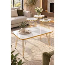 Sulorahome 4'lü Sehpa Seti Beyaz Tablalı Ve Gold Metal Ayaklı Beyaz - Altın