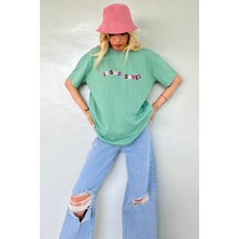 Mint Yeşili Baskılı Oversize Tişört Mg1517