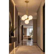 Modern Premium Gold 5'li Opal Küre Sarkıt Avize Gold Gövde Dekoratif Salon Avizesi 5xe14 Beyaz