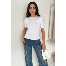 Noa & Noa Kadın Taş Detaylı Kısa Kollu T-shirt Beige Spark Beyaz
