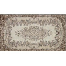 Kahve Rengili Krem Modern Vintage El Dokuma Halı 166x293