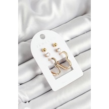 Mey İthalat Pirinç Zirkon Taş Ve Kalp Figürlü Gold Renk 3'lü Çift Kadın Küpe Set - Özel Seri Meyeb68387e15ea3305bd48040a5b altın