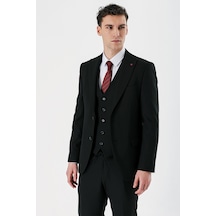 Siyah Kırlangıç Yaka Yelekli Likralı 6 Drop Slim Fit Dar Kesim Klasik Takım Elbise 1001240167-siyah