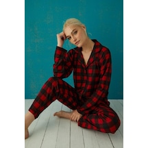 Pijamoni Kadın Süet Boydan Düğmeli Pijama Takımı - 5660-1 Kırmızı