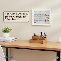 Ahşap Masa Üstü Organizer, Kalem Ve Makas Tutucu, Kahverengi Meşe, Ofis Masası Düzenleyici, Çok Bölmeli Beyaz - Çok Renkli