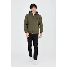 Erkek 3 İplik Pamuklu Fermuarlı Kapüşonlu Kanguru Cepli Baskılı Hoodie - Yeşil YESIL