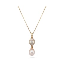 8,5 Mm Oval Baget Taşlı Doğal İnci Kolye Rose