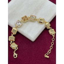 Toprak Tonlarında Parlak Renkli Kare Taşlı Gold İthal Bileklik Gold