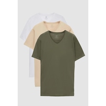 Ds Damat Slim Fit Haki/bej/beyaz 3'lü Set V Yaka T-shirt 4hc14ortbn55m Haki/bej/beyaz Çok Renkli