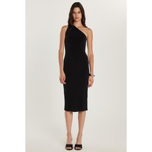 Tudors Kadın Slim Fit Dar Kesim Tek Omuz Askılı Siyah Elbise-34662 Siyah