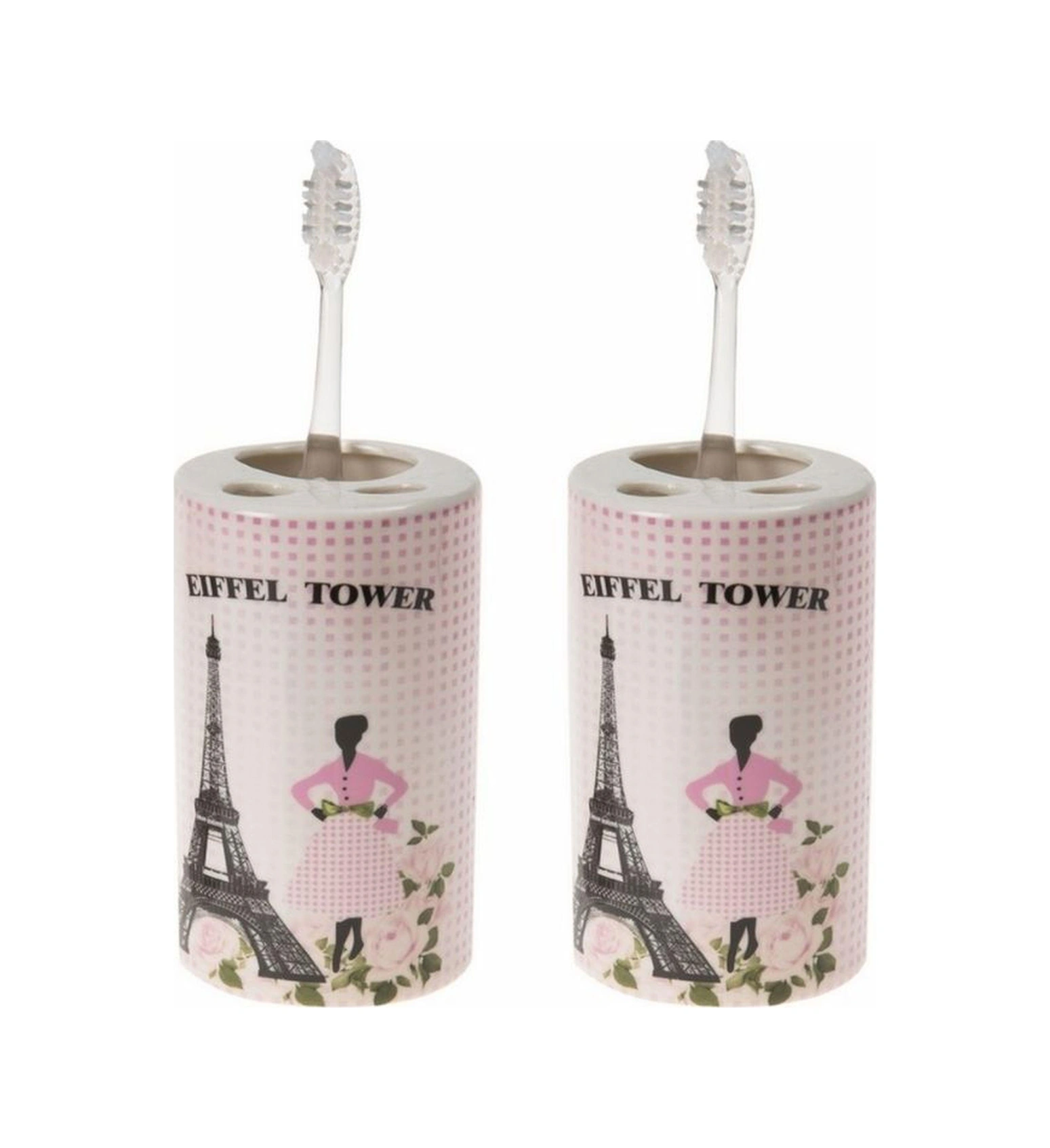 2 Adet Seramik Diş Fırçalık Eyfel Kulesi Model 7x7x11cm Banyo Seti Çok Renkli