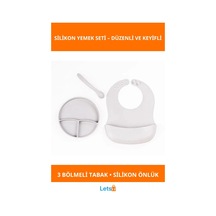 Gri Silikon Vakumlu Tabaklı Diş Kaşıyıcılı Kaşık Ve Ayarlanabilir Mama Önlüğü Seti