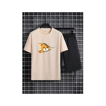 Medinenur Fermuar Ayıcık Desen Baskılı T-shirt Short Bol Paça Rahat Kalıp Siyah Alt Siyah Üst Short Takım Bej