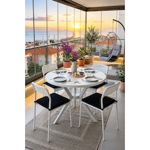 Beyaz 4 Kişilik Minderli Balkon Takımı, Balkon Masası, Balkon Sandalyesi, Yuvarlak Masa, Yemek Masası, Mutfak Masa Sandalye Takımı, 4 Sandalye 1 Masa Beyaz/beyaz-beyaz