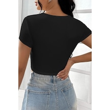 Kadın Zarif Dokunuş Siyah Yarım Kol Düz Yaka Crop Top Bluz