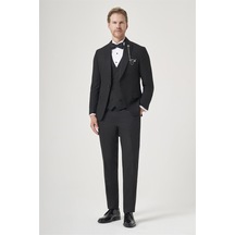 İmza Siyah Kırlangıç Yaka Düz Desen 6 Drop Slim Fit Yelekli Damatlık Takım Elbise 1001260206