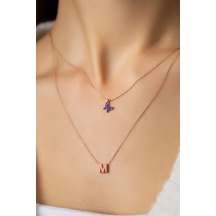 Papatya Silver 925 Ayar Gümüş Rose Kaplama Kadın Asansörlü Mor Kelebek ve Harf Model Kolye
