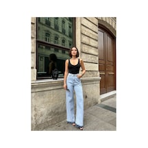 Kene Jeans Yüksek Bel Buz Kar Paça Söküm Detaylı Bol Paça Jean Buz Kar
