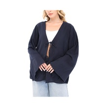 Blayn Jeans Blayn Kadın Keten Kimono Oversize Rahat Kalıp Yazlık Uzun Kollu Kimono Lacivert