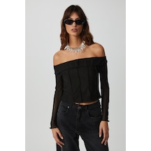 Ethıquet Nerys Kadın Straplez Yaka Omuzları Açık Uzun Kollu Slim Fit Siyah Bluz