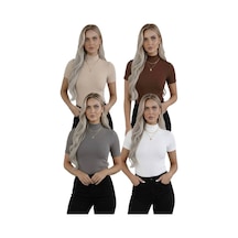 Hashtag Kadın 4'lü Viskon Body Yarım Balıkçı Yaka Yarım Kol Bej Gri Beyaz Kahve Bej, Gri, Beyaz, Kahverengi