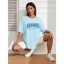 California Letter T-shirt - Bebe Mavisi Baskılı Oversize Bisiklet Yaka Kısa Kol Tişört Bebe Mavisi