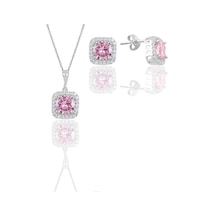 Gümüş Beyaz Altın Rodyumlu Pembe Taşlı Kare Ikili Set