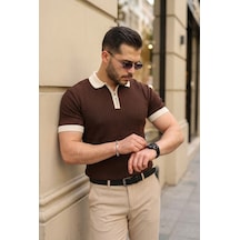 Veraura Lifestyle Erkek Yaka Ve Kol Detaylı Fermuar Yakalı Çizgi Desen Kısa Kollu Triko Tişört Kahverengi