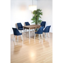 Sera Ceviz 80 x 132 Açılabilen MDF Masa Beyaz Metal Ayaklı Mutfak Masası 6 Lacivert Sandalye