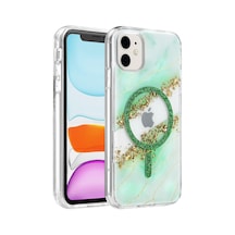 Onegif Apple Uyumlu iPhone 11 Lotus Simli Magsafe Kapak - Yeşil Ts2300