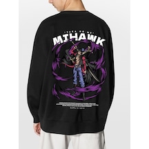 Unisex Siyah Mihawk Baskılı Hoodie Oversize Kapşonsuz Sweatshirt Siyah