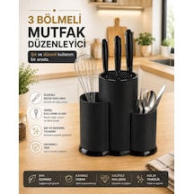 Tezgah Üstü Bölmeli Bıçaklık - Kaşık Kepçe Bıçak Standı Mutfak Düzenleyici Organizer Kaşıklık Siyah S-10137