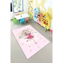 Pembe Kaymaz Tabanlı Yıkanan Prensesli Çocuk Halısı Ar055n11