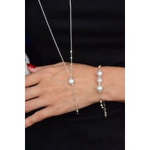 Papatya Silver 925 Ayar Gümüş Rodyum Kaplama Dorika Toplu Incili Kolye Bileklik Set