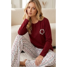 Siyah İnci Nakışlı Düğmeli Pamuklu Likralı Örme Pijama Takım26240351 Bordo